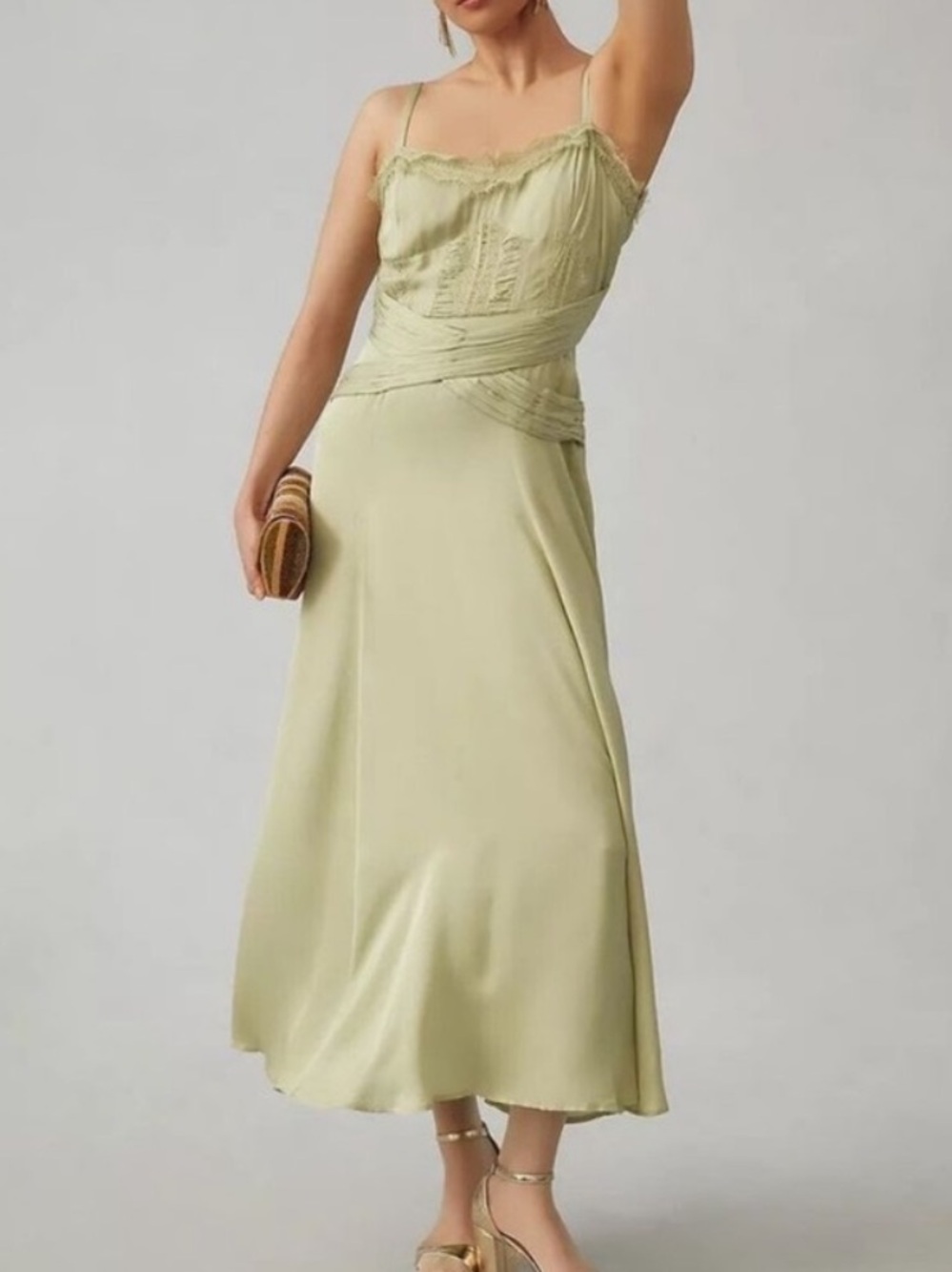 Anthropologie LetMeBe Dress A-Line Slip Lace Trim Midi in Sage Green
AF10
